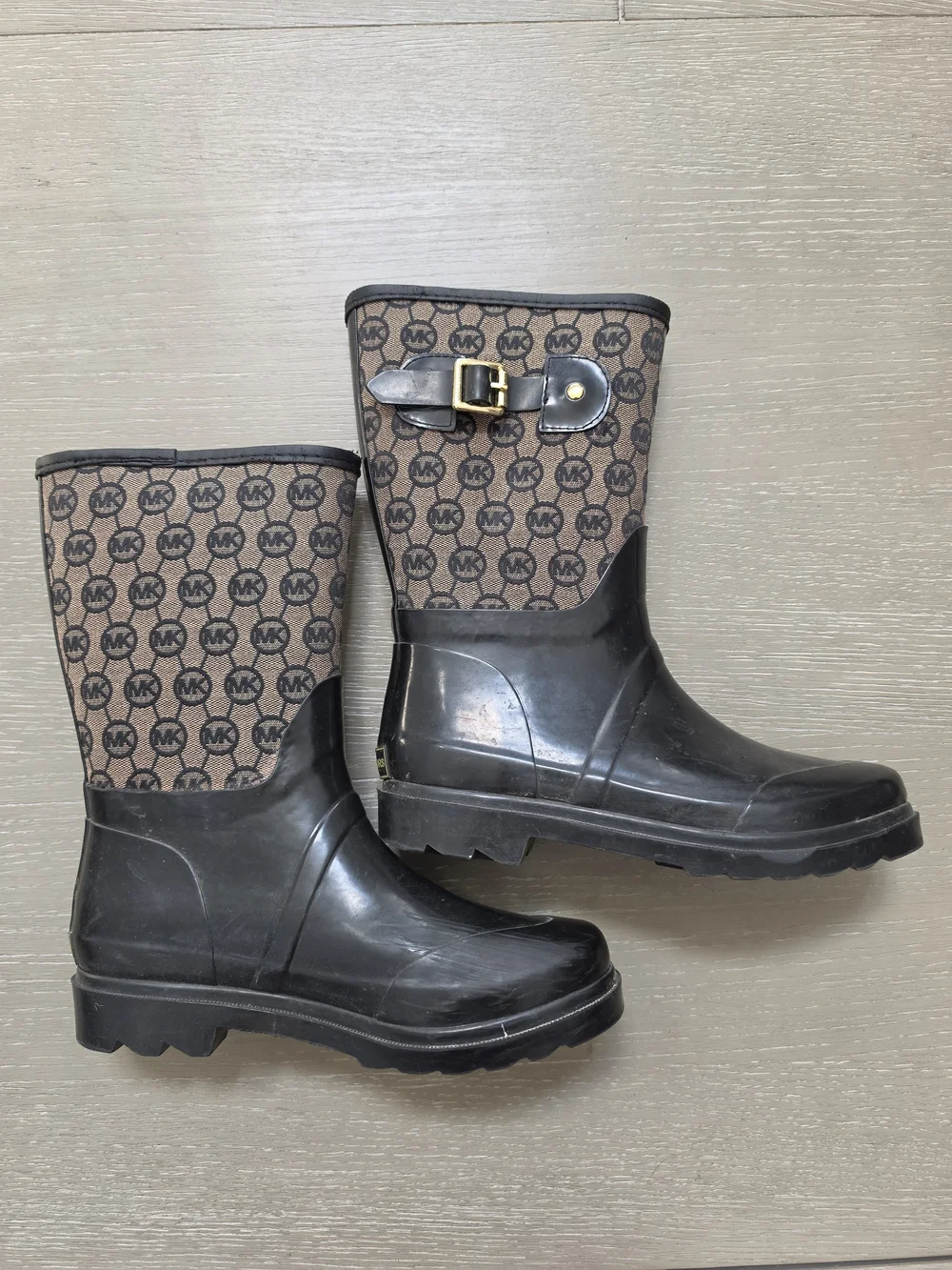Michael Kors Brown Logo & Black Rubber Mid-Calf Rain Boots